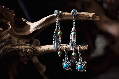 American West Jewelry Sterling Green Turquoise & Red Coral Gemstones Feather Dangle Earrings