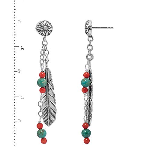 American West Jewelry Sterling Green Turquoise & Red Coral Gemstones Feather Dangle Earrings