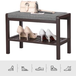 SONGMICS Shoe Rack Bench with Cushion Upholstered Padded Seat, Storage Shelf, Shoe Organizer, Holds Up to 350 lb, Ideal for Entryway Bedroom Living Room Hallway Garage Mud Room Gray and Brown ULBS65C