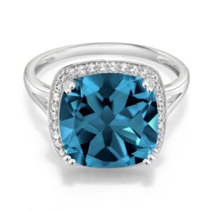 gem stone king 10k white gold london blue topaz and white created sapphire engagement ring for women (8.54 cttw, cushion 12mm, december's gemstone birthstone, available in size 5,6,7,8,9)