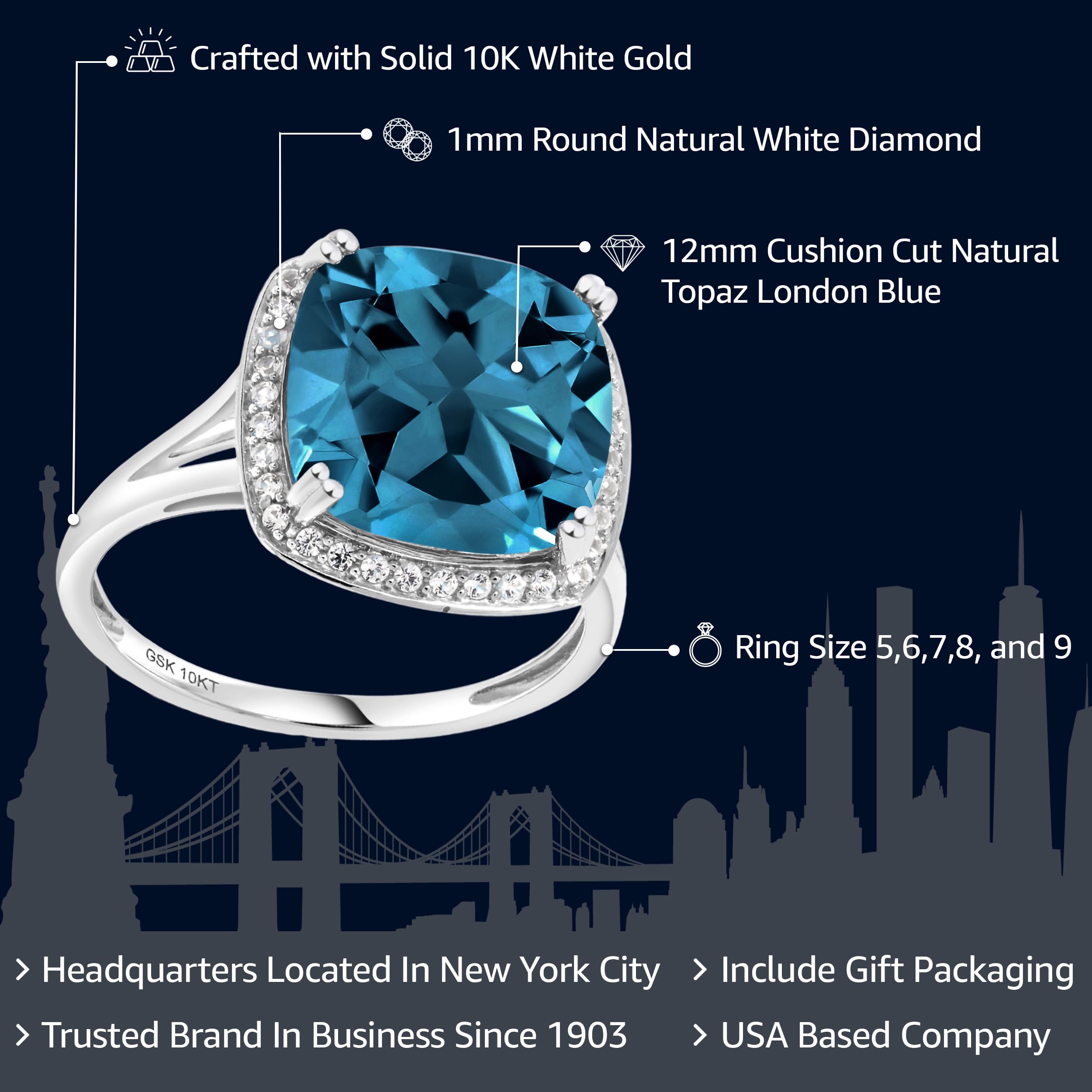 Gem Stone King 10K White Gold London Blue Topaz and White Created Sapphire Engagement Ring For Women (8.54 Cttw, Cushion 12MM, December's Gemstone Birthstone, Available In Size 5,6,7,8,9)