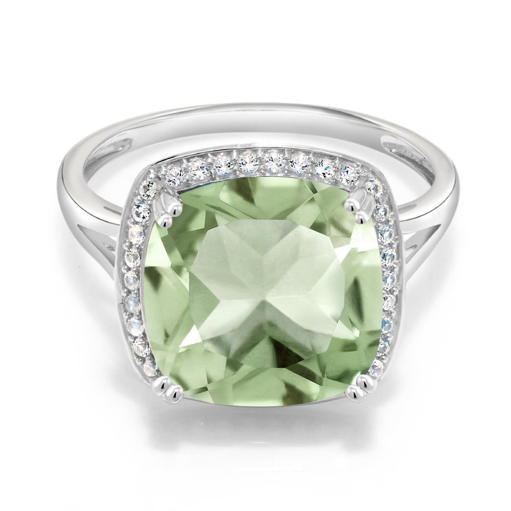 Gem Stone King 10K White Gold Green Prasiolite and White Created Sapphire Engagement Ring For Women (6.74 Cttw, Cushion Cut 12MM, Available in size 5, 6, 7, 8, 9)