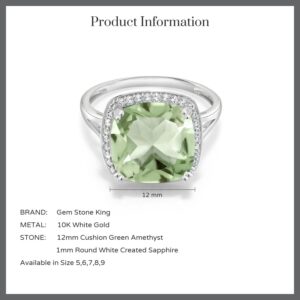 Gem Stone King 10K White Gold Green Prasiolite and White Created Sapphire Engagement Ring For Women (6.74 Cttw, Cushion Cut 12MM, Available in size 5, 6, 7, 8, 9)