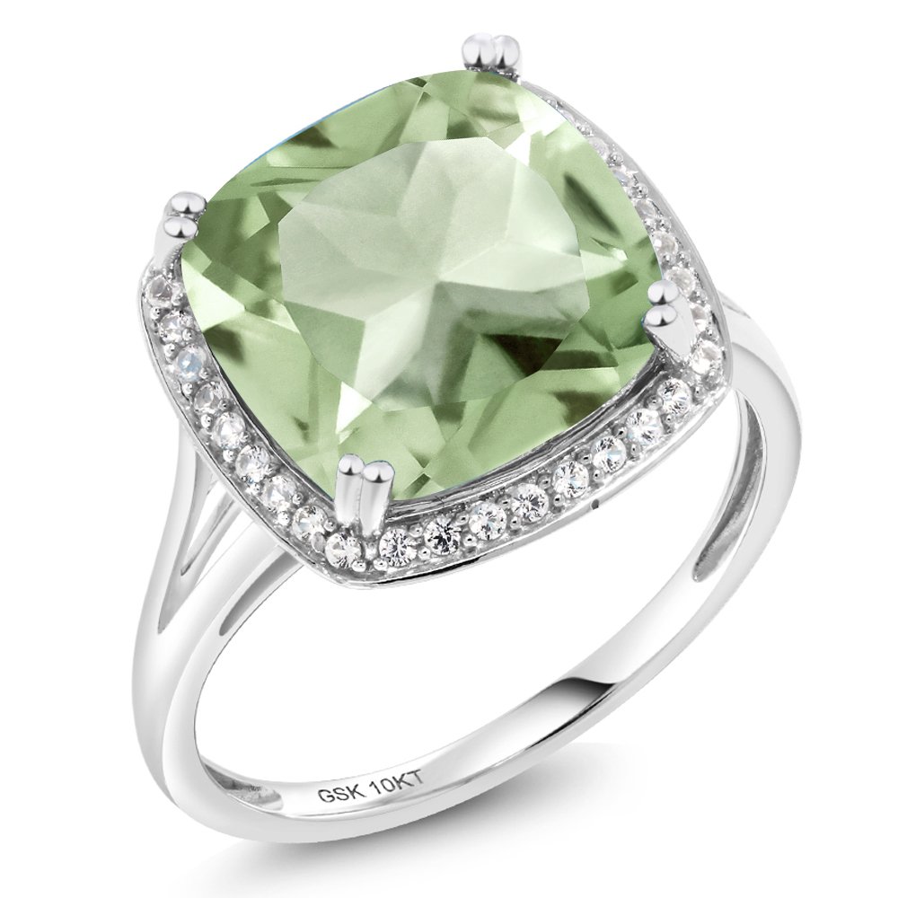 Gem Stone King 10K White Gold Green Prasiolite and White Created Sapphire Engagement Ring For Women (6.74 Cttw, Cushion Cut 12MM, Available in size 5, 6, 7, 8, 9)