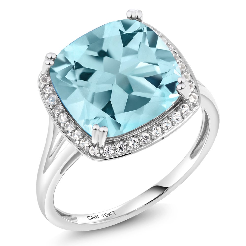 Gem Stone King 10K White Gold Sky Blue Topaz and White Created Sapphire Engagement Ring For Women | 8.54 Cttw | Cushion Cut 12MM | Gemstone Birthstone | Ring Size 5-9