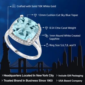 Gem Stone King 10K White Gold Sky Blue Topaz and White Created Sapphire Engagement Ring For Women | 8.54 Cttw | Cushion Cut 12MM | Gemstone Birthstone | Ring Size 5-9