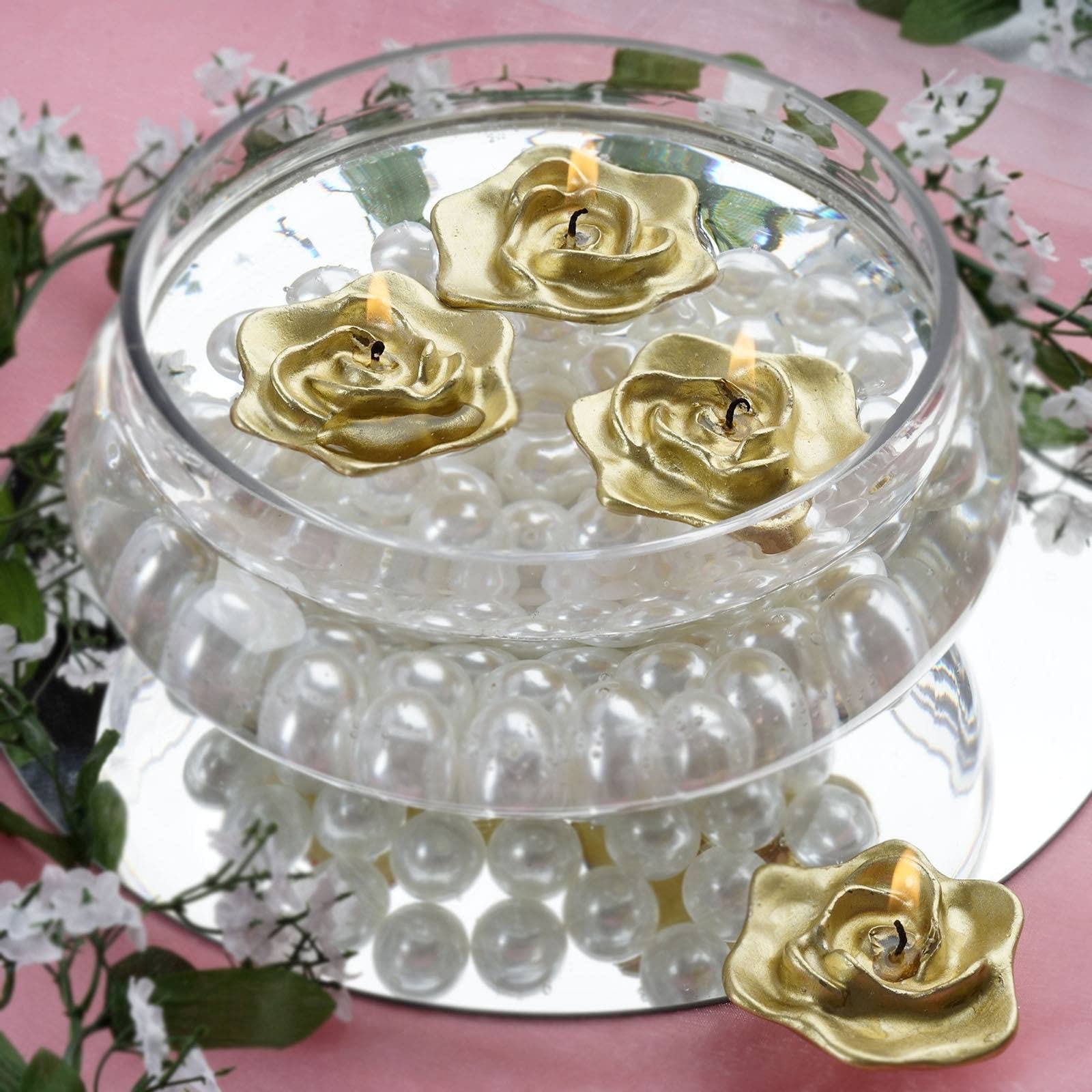 TABLECLOTHSFACTORY Gold Floating Rose Candle-4/pk