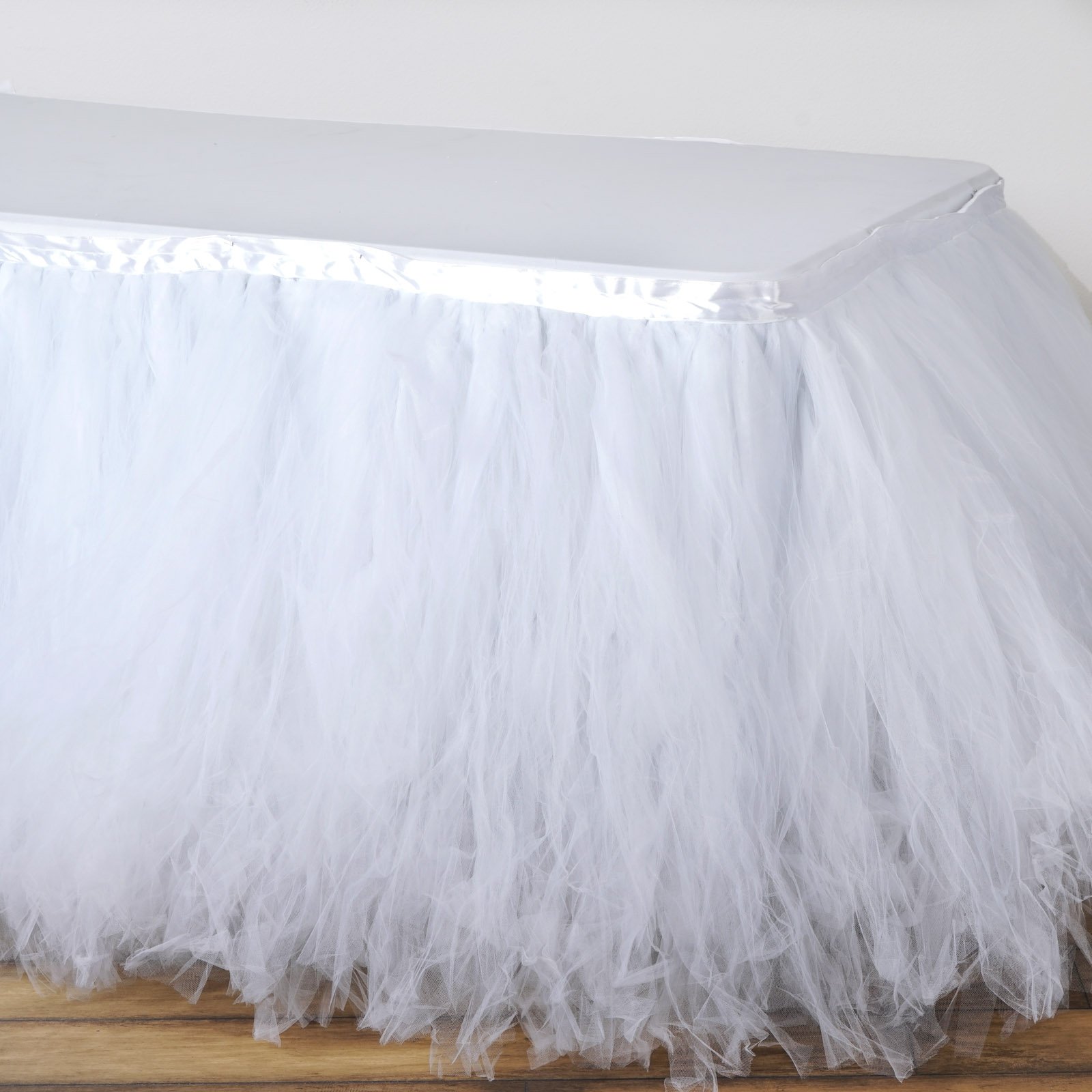 TABLECLOTHSFACTORY 17ft FULL SIZE 8 Layer Fluffy Tulle - Tutu Table Skirt - White