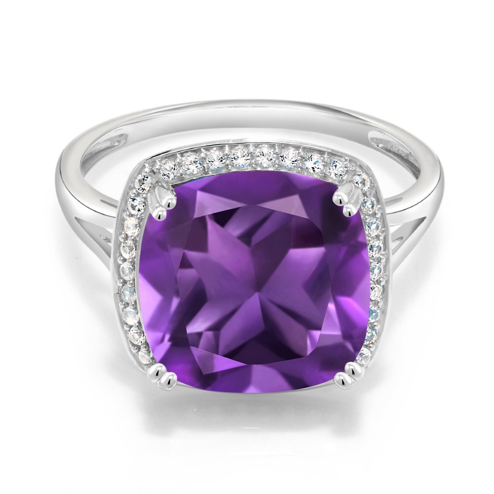 Gem Stone King 10K White Gold Purple Amethyst and White Created Sapphire Engagement Ring For Women (6.74 Cttw, Cushion Cut 12MM, Gemstone Birthstone, Available In Size 5, 6, 7, 8, 9)