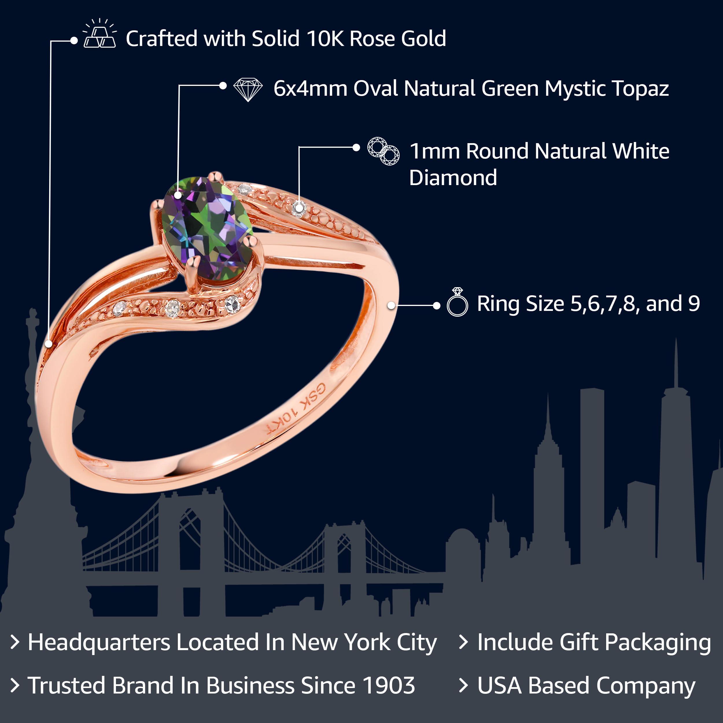 Gem Stone King 10K Rose Gold Green Mystic Topaz and Diamond Engagement Bypass Ring For Women (0.54 Cttw, Gemstone Birthstone, Available In Size 5, 6, 7, 8, 9)