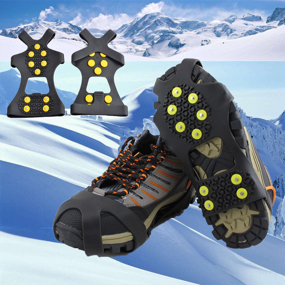 HoFire Ice Cleats for Shoes and Boots, Ice Snow Traction Cleats Grippers, Non Slip Shoe Ice Grippers,10 Steel Rubber Spikes Crampons Anti Easy Slip Studs Crampons Slip-on Stretch Footwear(Black, S)