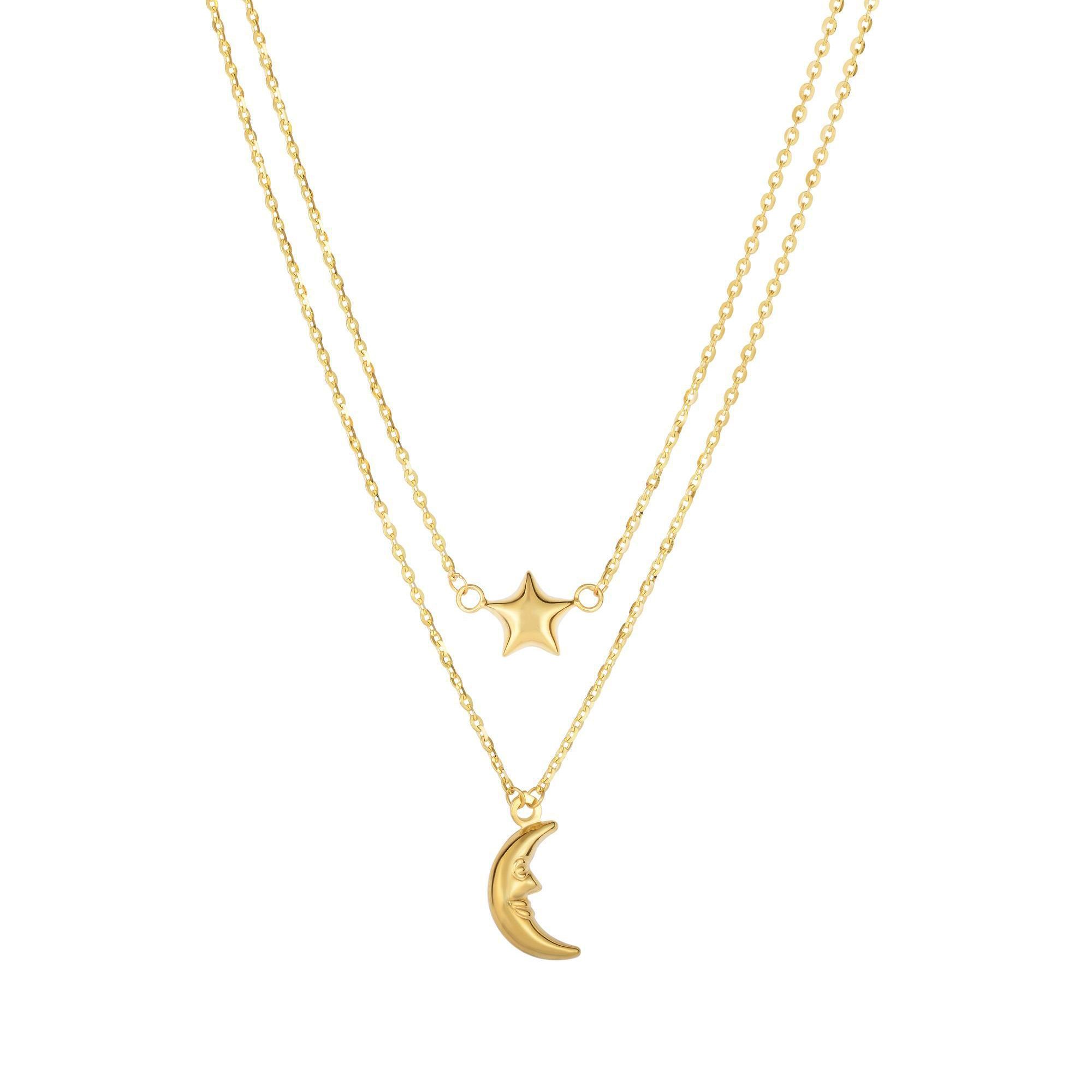 Jewelry Affairs 10K Yellow Gold Moon And Star Layered Pendant Necklace, 17"