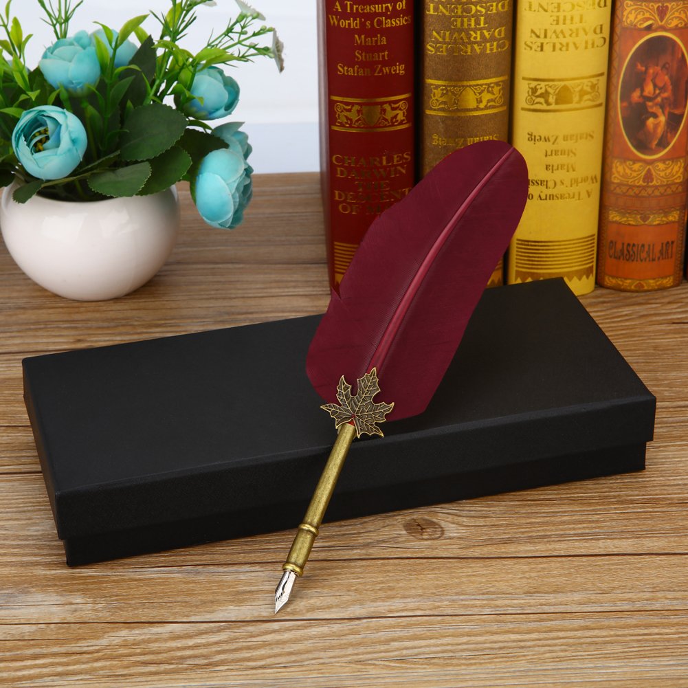 SpyShop Feather Quill Pen Vintage Feather Dip Ink Pen Set Copper Pen Stem Writing Quill Pen Calligraphy Pen As Christmas Birthday Gift Set (wine red)