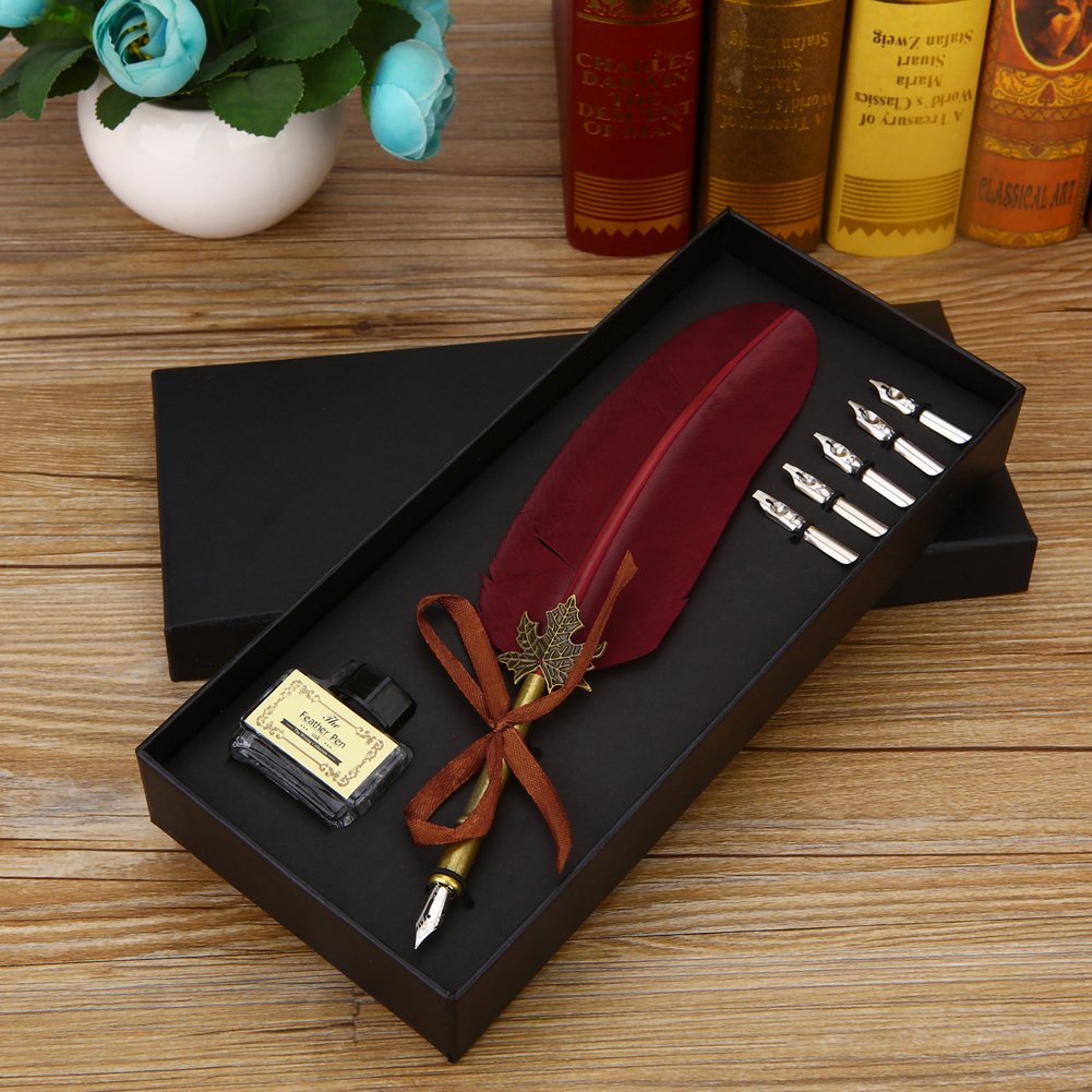 SpyShop Feather Quill Pen Vintage Feather Dip Ink Pen Set Copper Pen Stem Writing Quill Pen Calligraphy Pen As Christmas Birthday Gift Set (wine red)