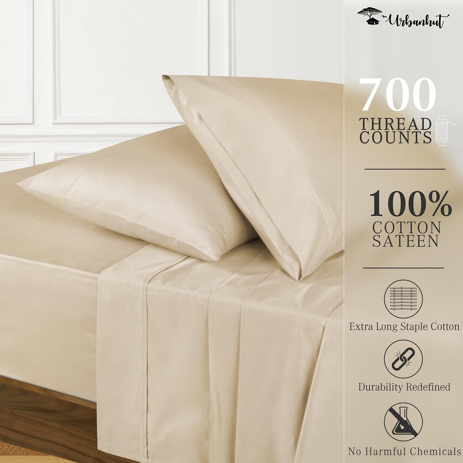 URBANHUT 700 Thread Count Egyptian Cotton Sheets King Size, 4Pc Bed Sheet Set Soft Luxury Bed Sheets for King Size Bed, Sateen Weave Hotel Sheets, 16'' Elasticized Deep Pocket - Sand