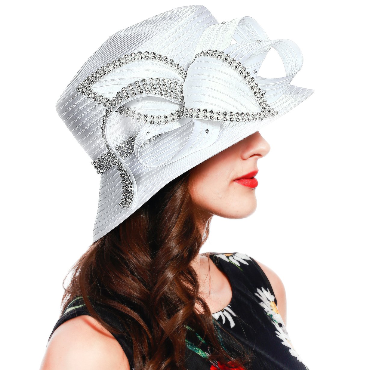 FORBUSITE Church Kentucky Dress Derby Hats for Women White - Satin w Rhinestone