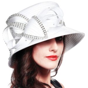 FORBUSITE Church Kentucky Dress Derby Hats for Women White - Satin w Rhinestone