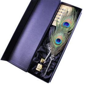 SpyShop Peacock Feather Pen Quill Ink Pen Set- Antique Feather Writing Dip Ink Pent Handmade Heart-Shaped Pen Holder Writing Dip Pen Calligraphy Gift Set