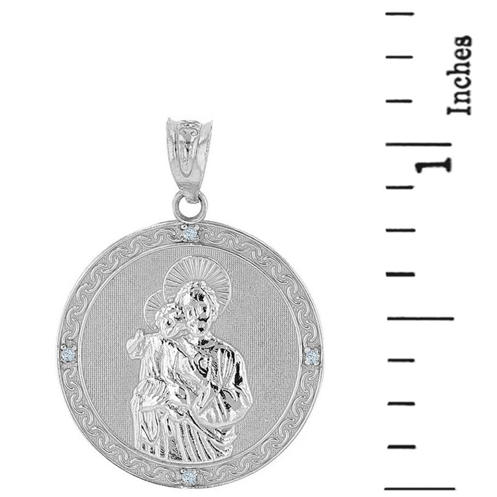 Saint Collection Fine 925 Sterling Silver CZ-Accented St Joseph Round Medal Pendant (1.15")