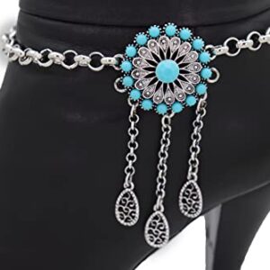 Women Western Fashion Jewelry Boot Bracelet Silver Metal Chain Shoe Anklet Turquoise Blue Beads Flower