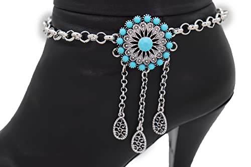 Women Western Fashion Jewelry Boot Bracelet Silver Metal Chain Shoe Anklet Turquoise Blue Beads Flower