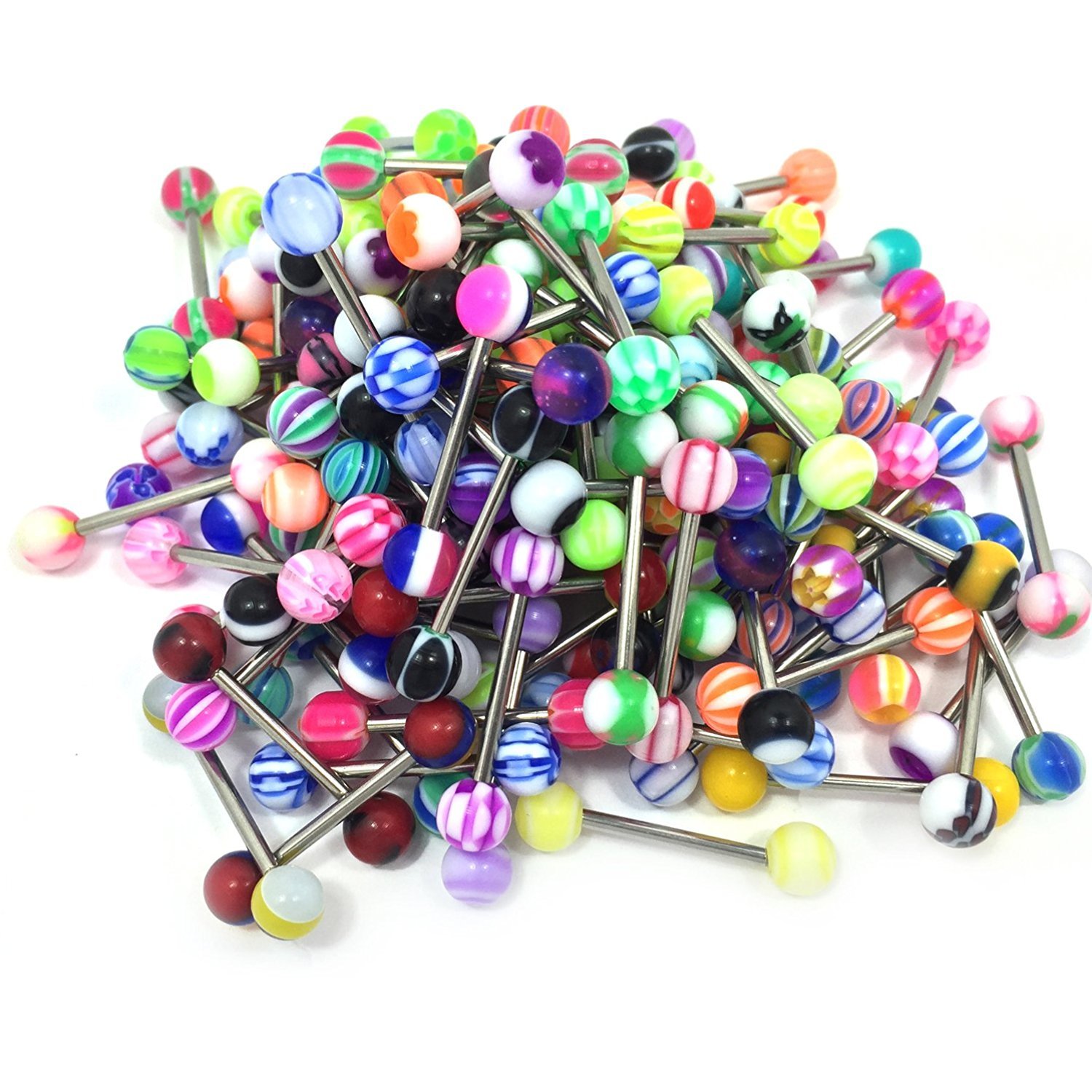 CABBE 100pcs Tongue Rings Surgical Stainless Steel Assorted Candy Pattern Bulk 14G Stright Barbells for Men Women Body Piercing Jewelry