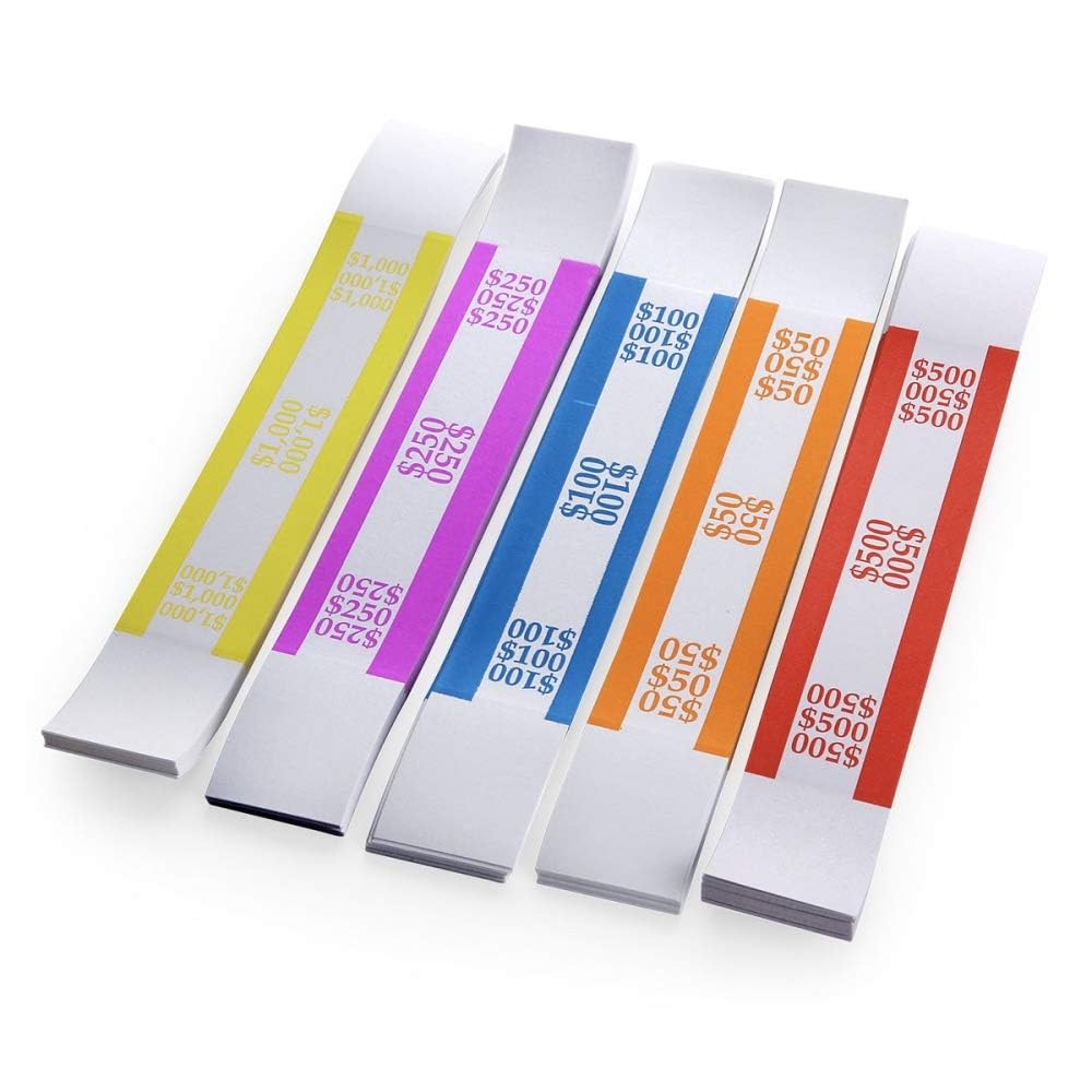 L LIKED Pack of 250 Currency Band Bundles Self Sealing Currency Straps Bands Money Bill Wrappers (50 of Each - 250 Assorted)