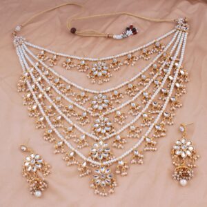 I Jewels Floral Style Pearl Gold Plated Indian Wedding Bollywood Multi Strand Rani Haar Jewellery set For Women (M4080W)