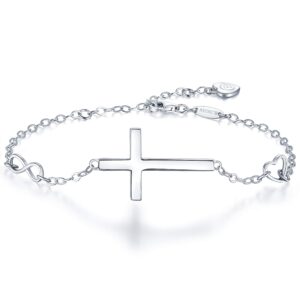 BlingGem Cross Bracelet for Women Sterling Silver Sideways Cross Dainty Religious Symbol Faith God Blessed Confirmation Baptism Jewelry Gifts for Women