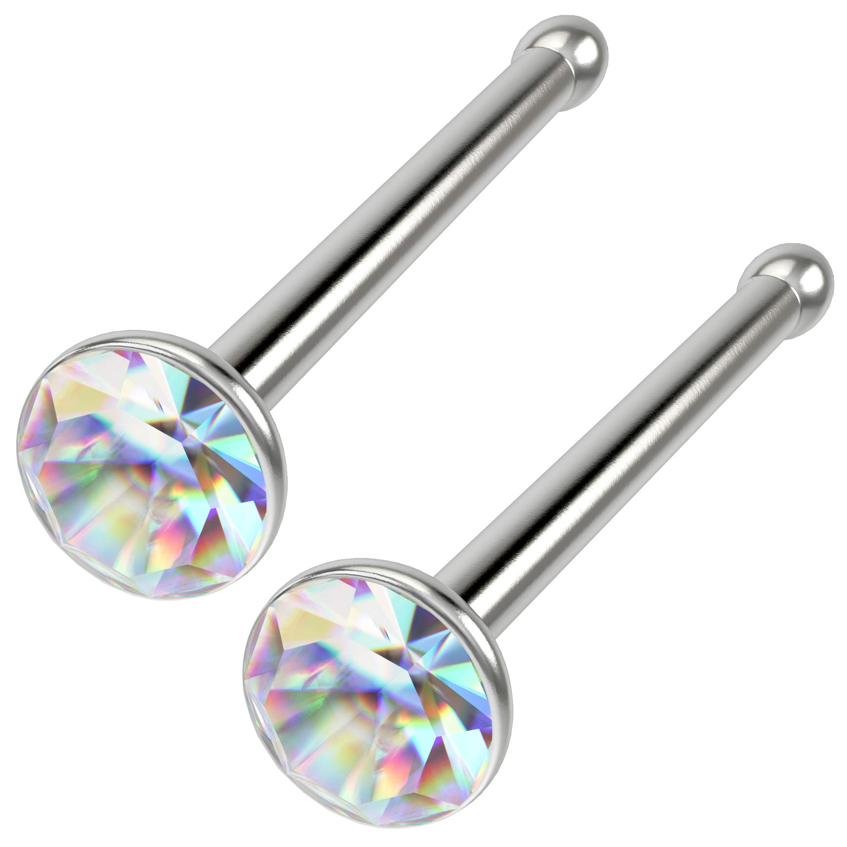 Evonix 2pc 20g Surgical Stainless Steel Nose Bone Flat crystal AB Aurora Borealis Straight Pin Bar Stud