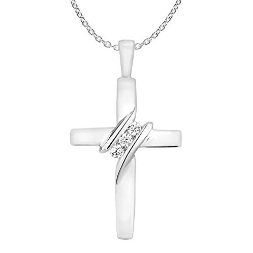 EternalDia 10k Diamond Three-Stone Cross Pendant Necklace Religious Jewelry (0.05cttw, I-J/I2-I3) 18"