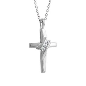 EternalDia 10k Diamond Three-Stone Cross Pendant Necklace Religious Jewelry (0.05cttw, I-J/I2-I3) 18"