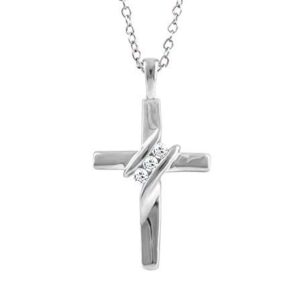 EternalDia 10k Diamond Three-Stone Cross Pendant Necklace Religious Jewelry (0.05cttw, I-J/I2-I3) 18"