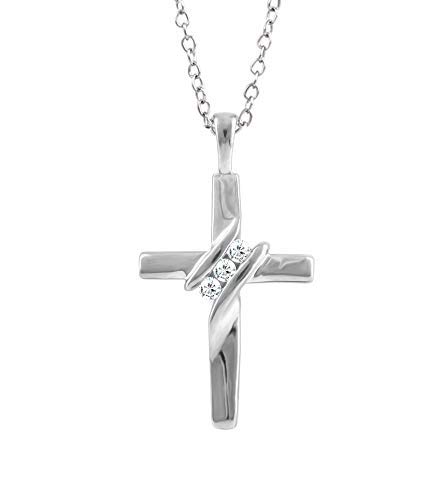 EternalDia 10k Diamond Three-Stone Cross Pendant Necklace Religious Jewelry (0.05cttw, I-J/I2-I3) 18"