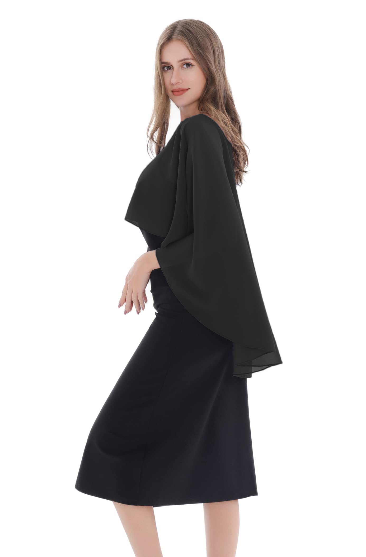 Baoqiya Women's Capelet Shawls and Wraps for Evening Dresses Soft Bridesmaid Shawl Chiffon Cape Wedding Cover Up One Size(Black)