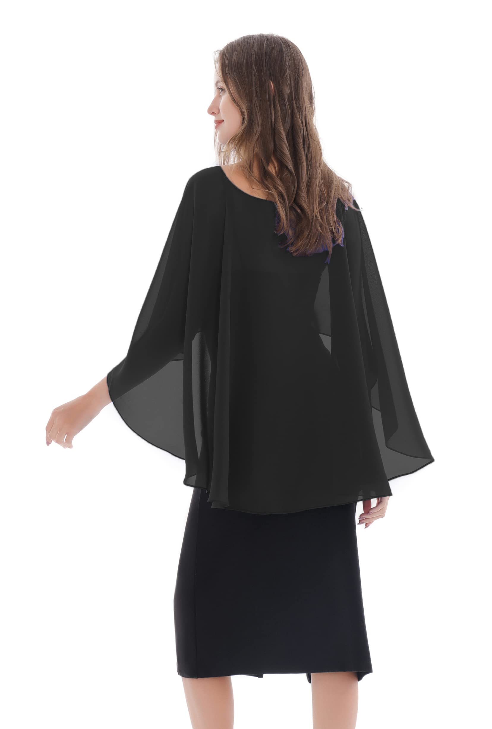 Baoqiya Women's Capelet Shawls and Wraps for Evening Dresses Soft Bridesmaid Shawl Chiffon Cape Wedding Cover Up One Size(Black)