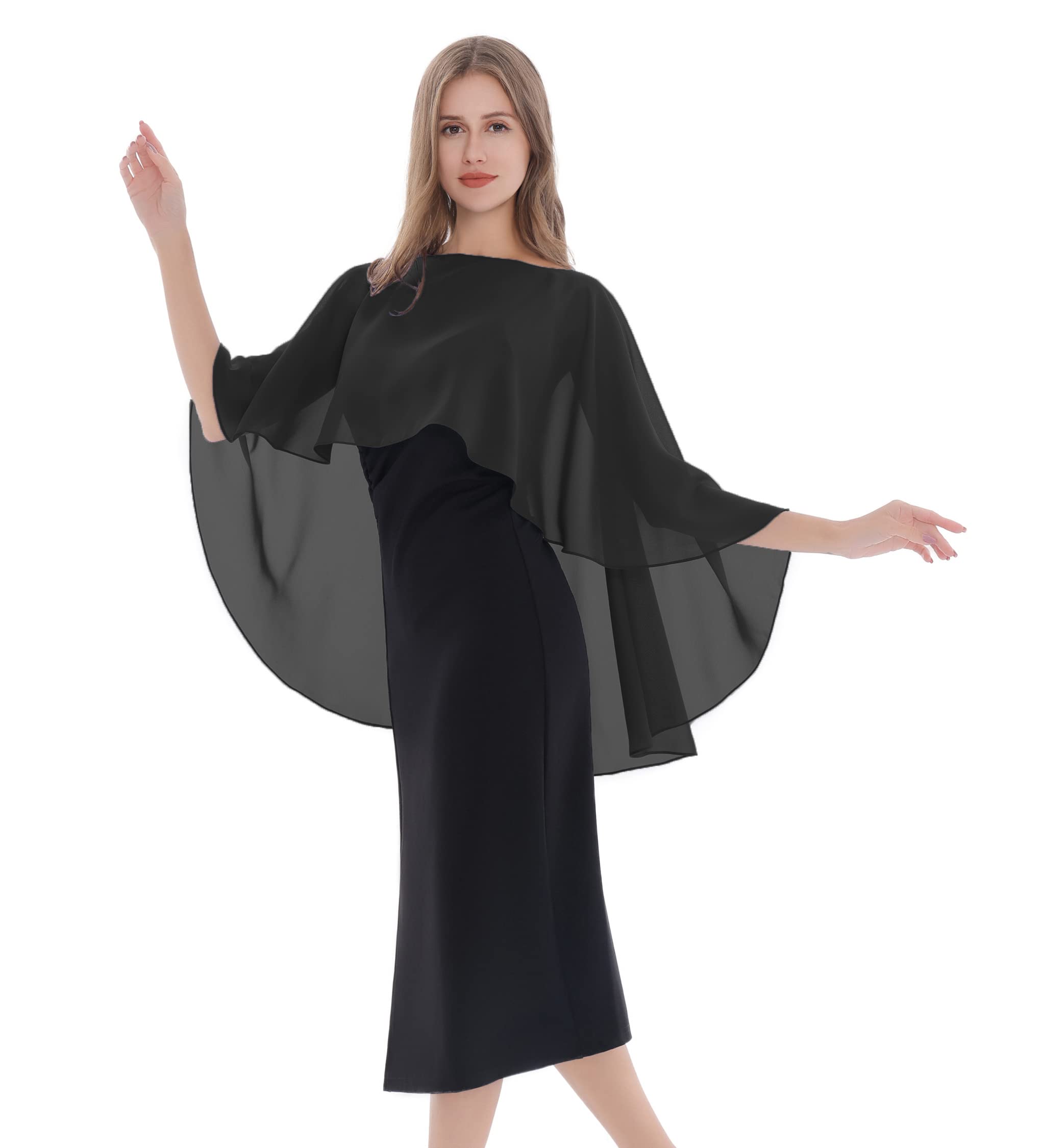 Baoqiya Women's Capelet Shawls and Wraps for Evening Dresses Soft Bridesmaid Shawl Chiffon Cape Wedding Cover Up One Size(Black)