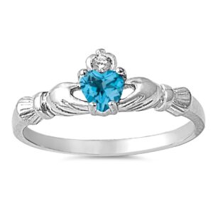 925 Sterling Silver Faceted Natural Genuine Sky Blue Topaz Claddagh Heart Promise Ring Size 7