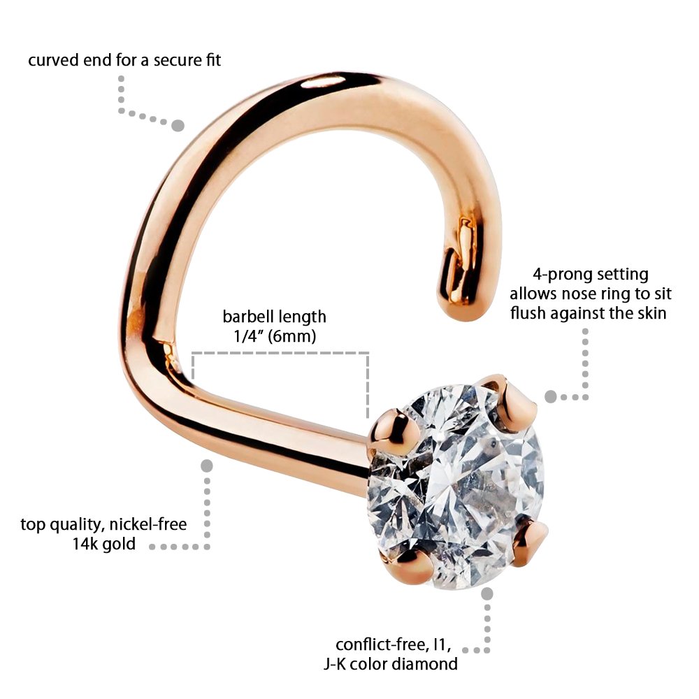 FreshTrends 2mm 0.03 ct.SI1-SI2 G-H tw Diamond 14K Rose Gold Nose Ring Twist Screw 20G I1