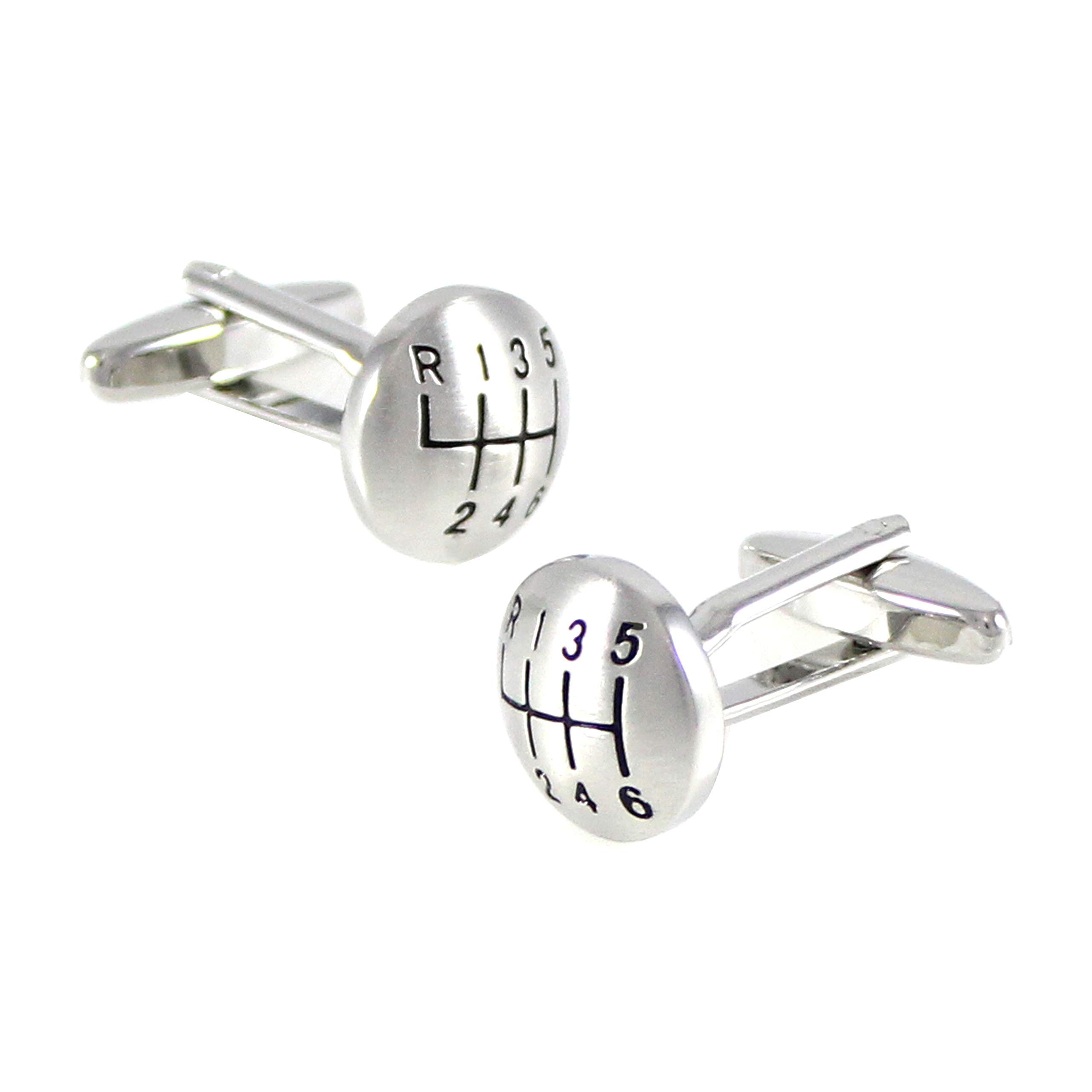 MENDEPOT Matte Silver Tone Domed Shape 6 Speed Gear Shift Cuff Links Car Cufflinks with Gift Box