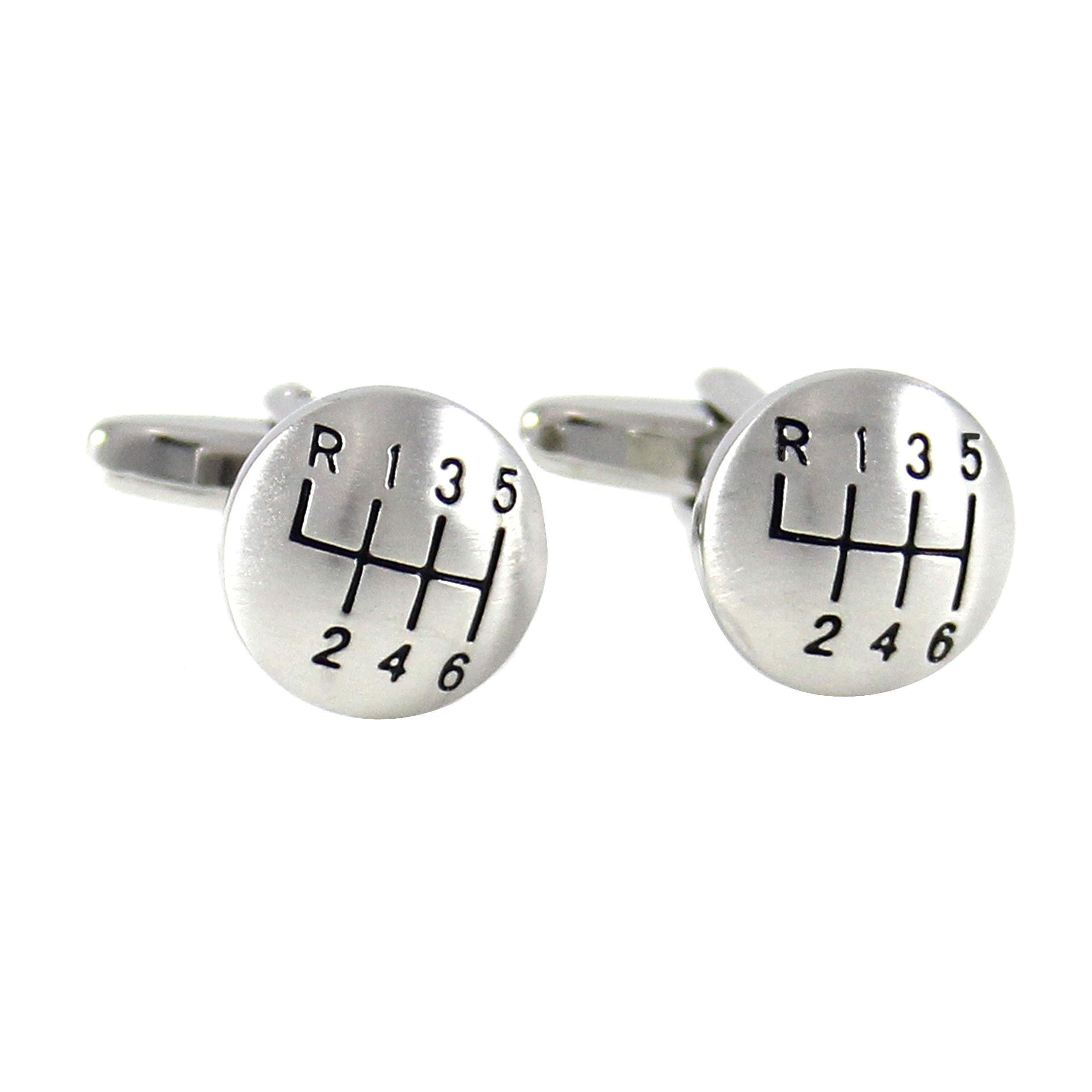 MENDEPOT Matte Silver Tone Domed Shape 6 Speed Gear Shift Cuff Links Car Cufflinks with Gift Box