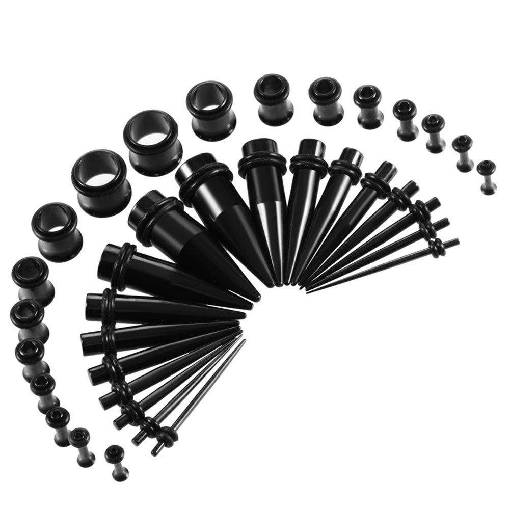 JDXN Stainless Steel Ear Stretching Taper Tunnel Starter Kit - 36 Piece Set 14G - 00G (Black)