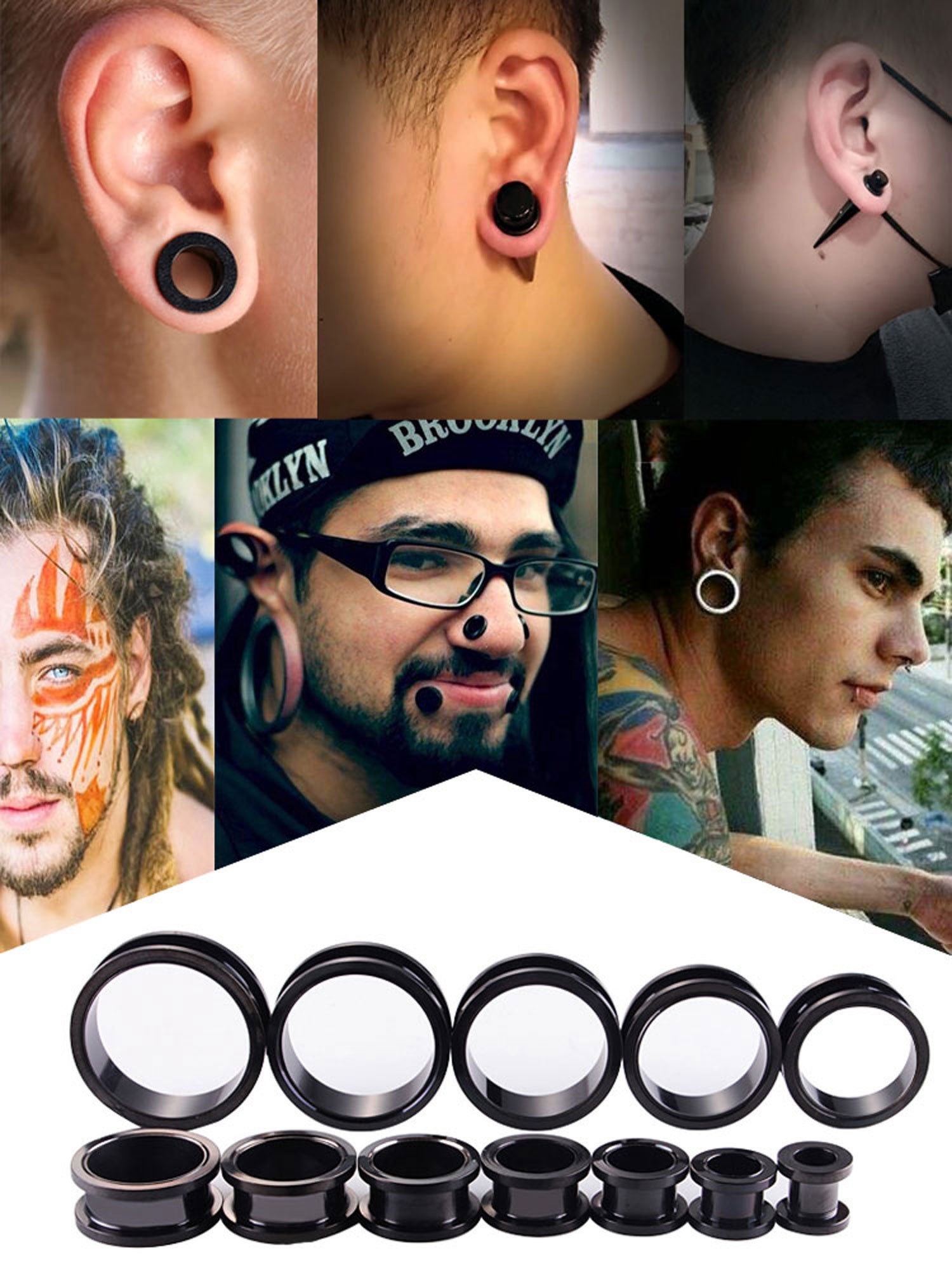 JDXN Stainless Steel Ear Stretching Taper Tunnel Starter Kit - 36 Piece Set 14G - 00G (Black)