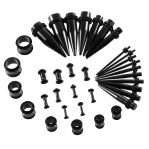 JDXN Stainless Steel Ear Stretching Taper Tunnel Starter Kit - 36 Piece Set 14G - 00G (Black)