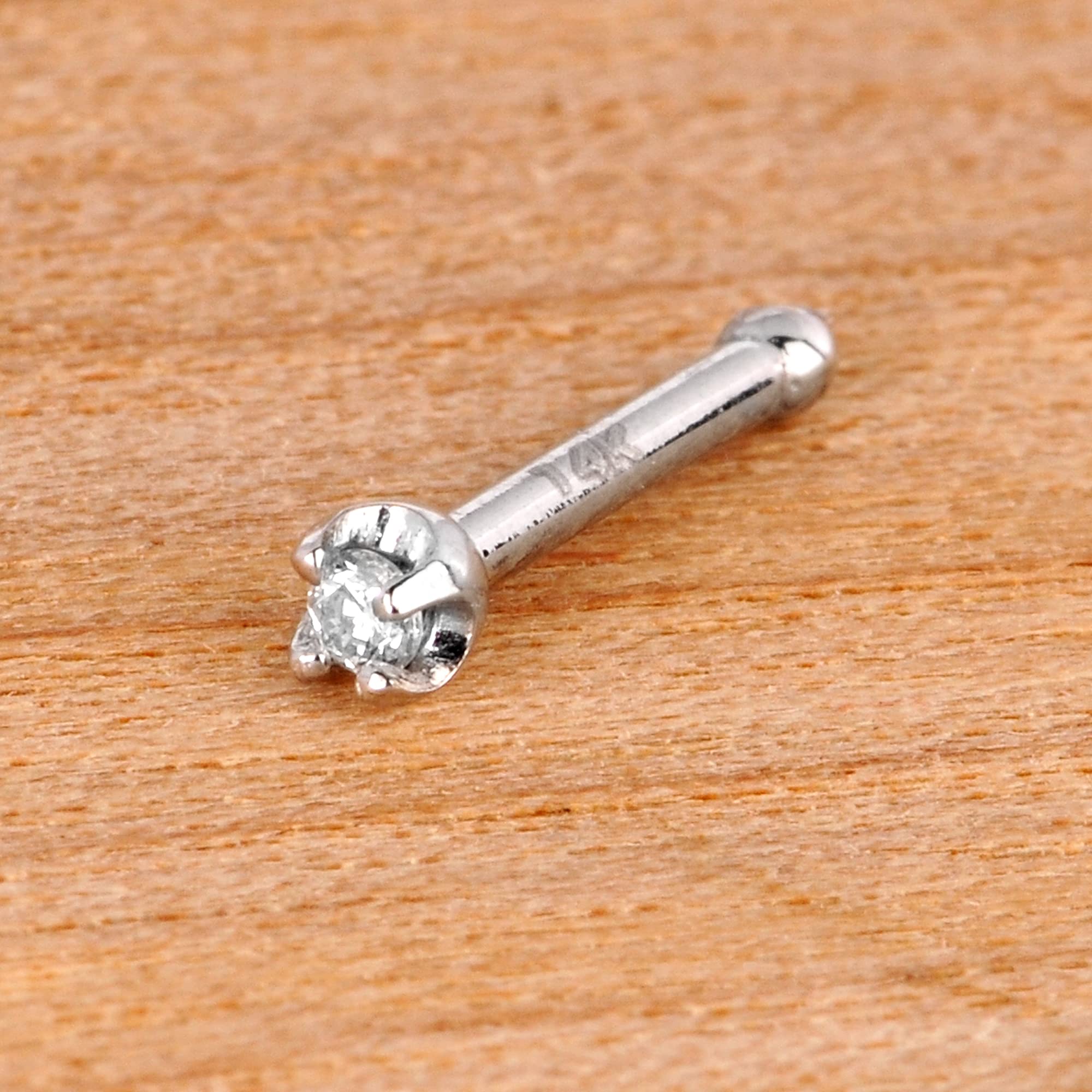 18 Gauge 1/4" Solid 14k White Gold 1.5mm (0.015 cttw) Genuine Diamond Nose Stud Bone