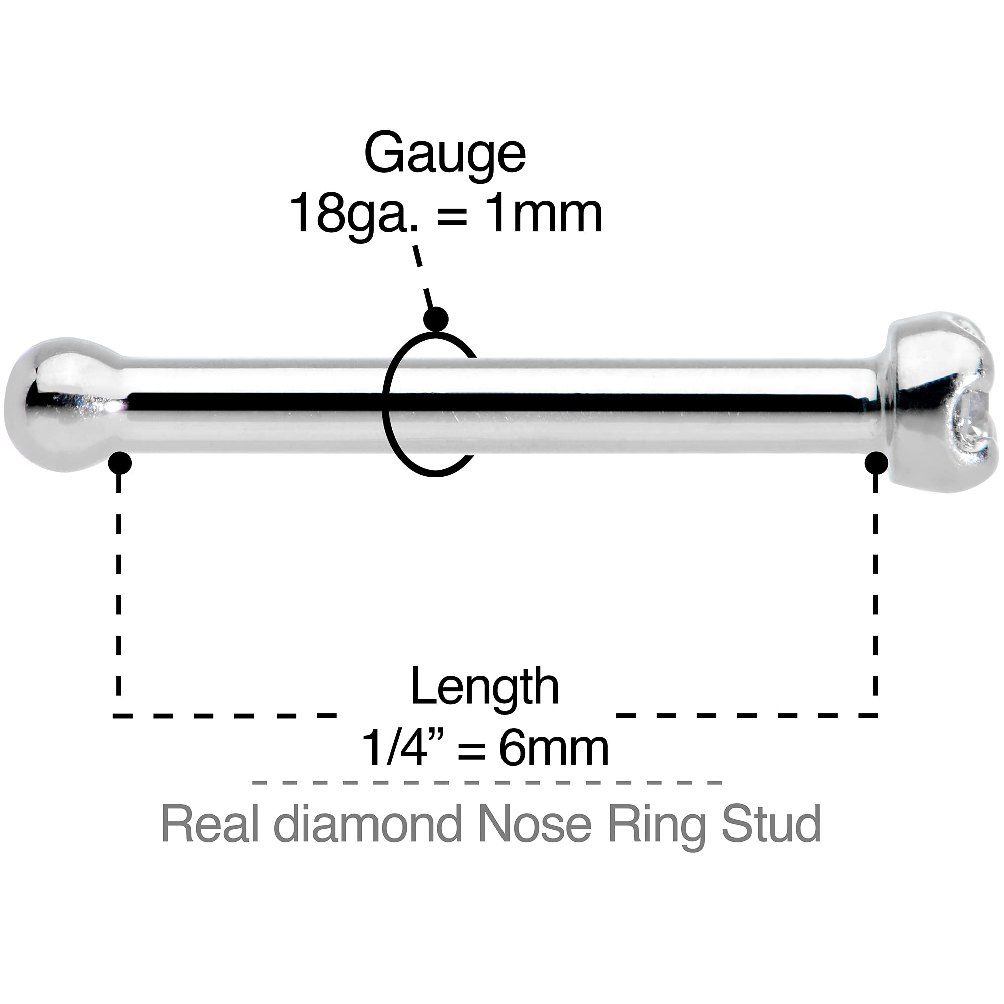 18 Gauge 1/4" Solid 14k White Gold 1.5mm (0.015 cttw) Genuine Diamond Nose Stud Bone