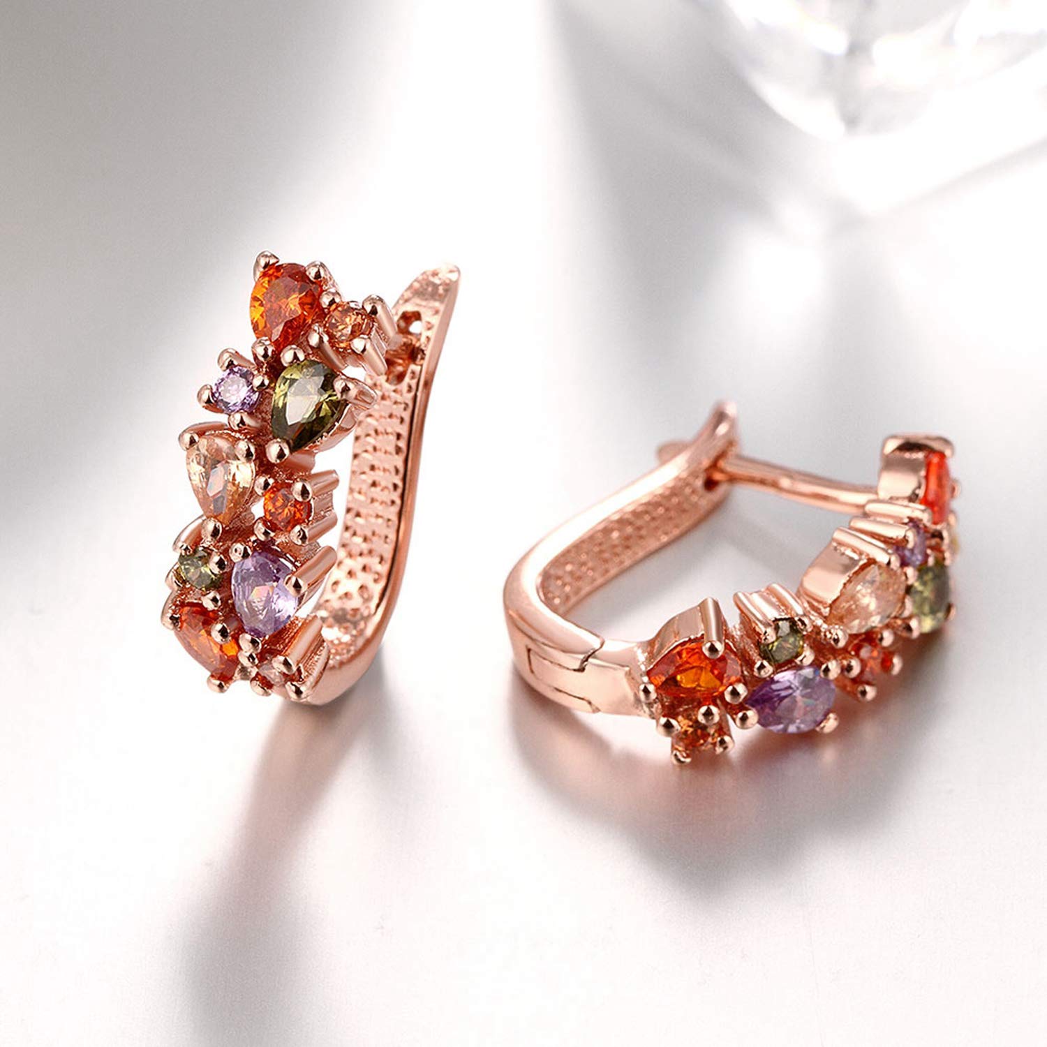 14K Rose Gold Huggie Stud Earrings for Women Gold Hoop Earrings Multicolored Crystal Elements Fashion Bridal Jewelry Crystals