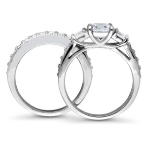 BERRICLE Sterling Silver 3-Stone Wedding Engagement Rings Cushion Cut Cubic Zirconia CZ Ring Set for Women, Rhodium Plated Size 8.5