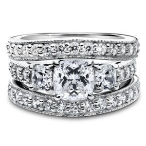 BERRICLE Sterling Silver 3-Stone Wedding Engagement Rings Cushion Cut Cubic Zirconia CZ Ring Set for Women, Rhodium Plated Size 8.5