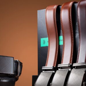 Marino Avenue Ratchet Belts for Men - Adjustable Mens Belts Leather with Automatic Buckle - Enclosed in an Elegant Gift Box - Radiant Ore - Burnt Umber - Adjustable from 28" to 44" Waist